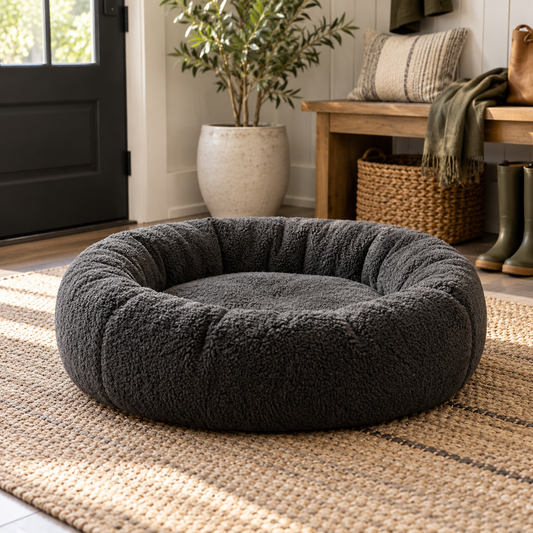 AI-generated concept image: A charcoal nest-style dog bed in a mudroom.