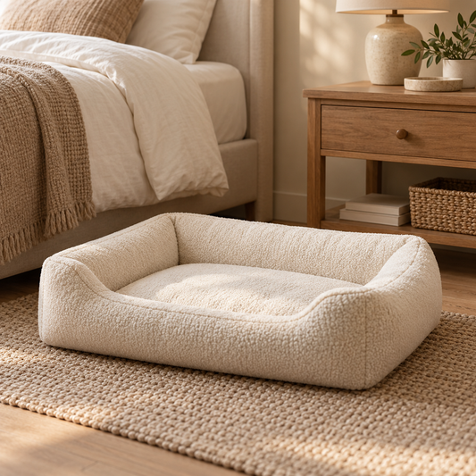 AI-generated concept image: An ivory pet bed in a peaceful softly lit bedroom.