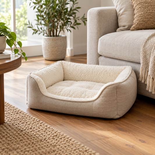 AI-generated concept image: A cream dog bed beside a sofa in a bright shared living space.