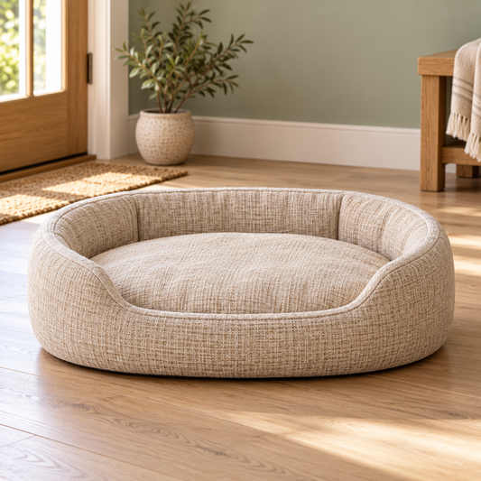 AI-generated concept image of an oatmeal dog bed in a calm entryway.