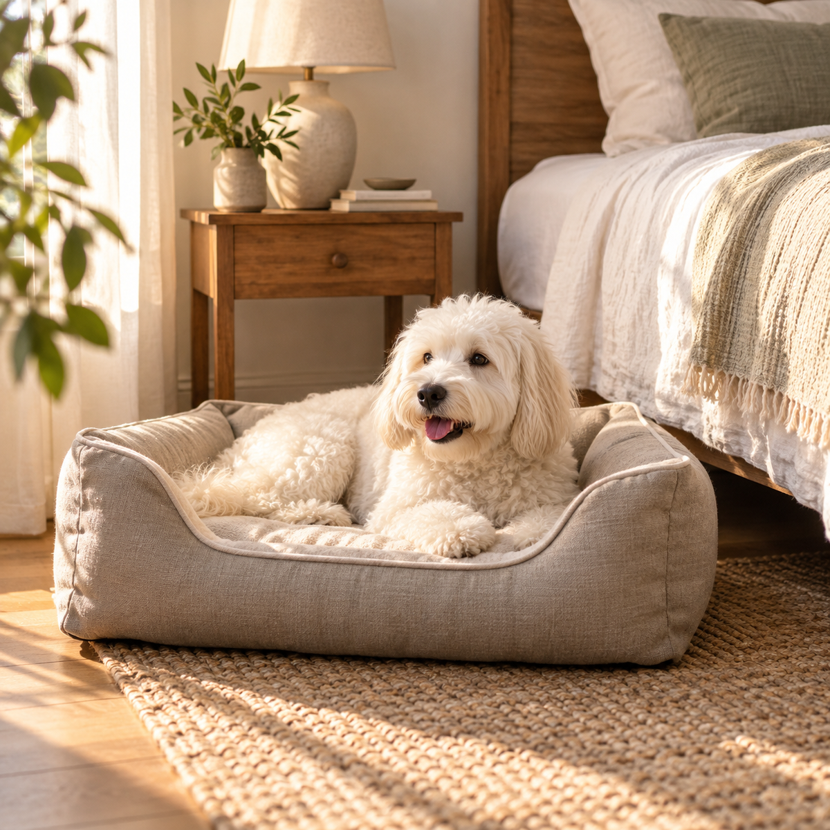 AI-generated concept image of a dog resting on a pet bed at home