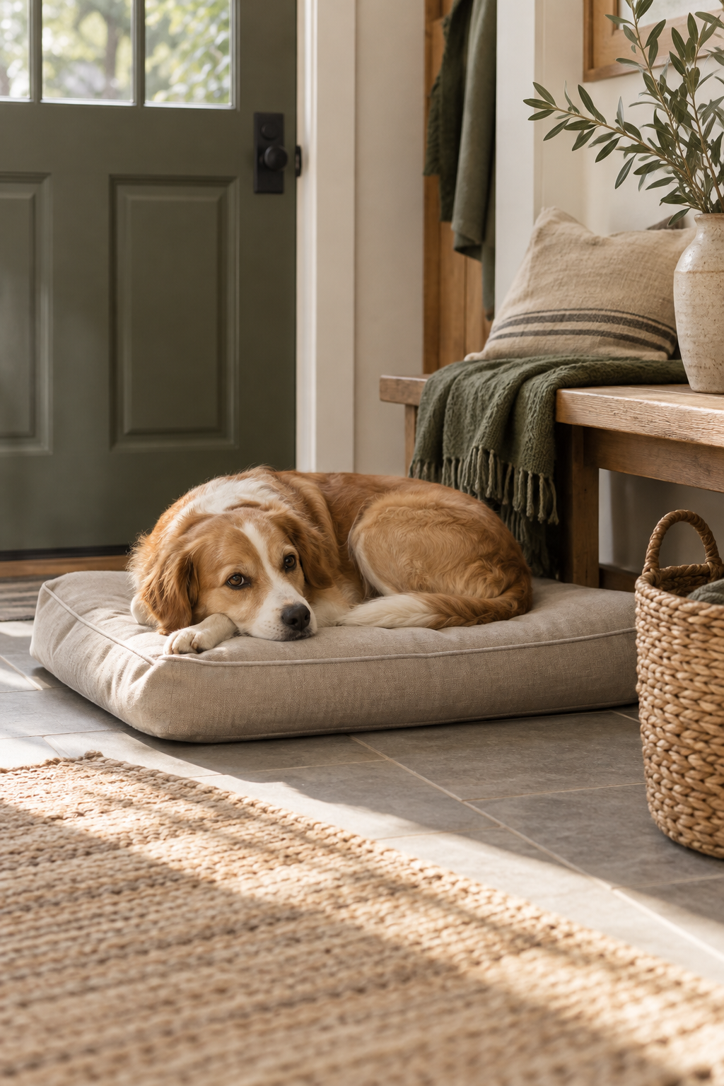AI-generated concept image of a dog resting on a pet bed at home