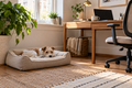 AI-generated concept image of a dog resting on a pet bed at home