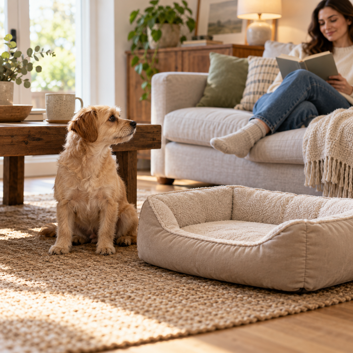 AI-generated concept image of a dog resting on a pet bed at home
