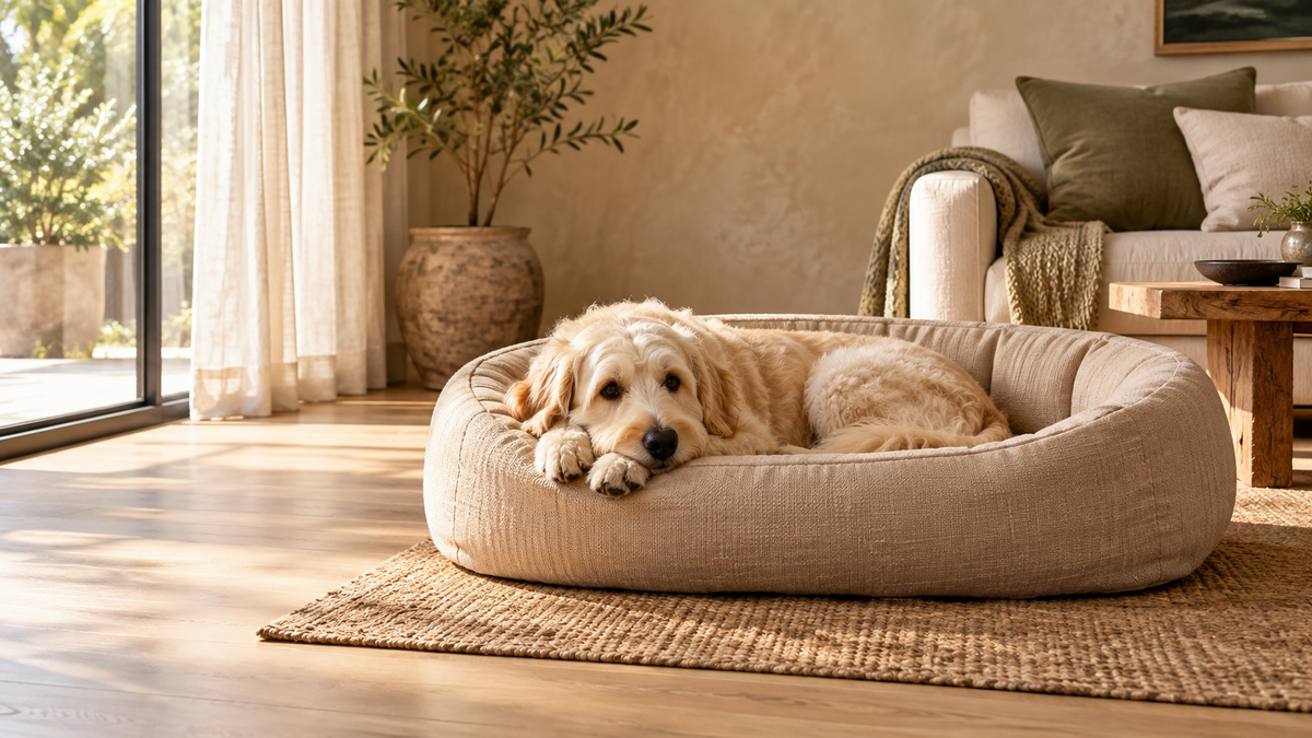 AI-generated concept image of a dog resting on a pet bed at home