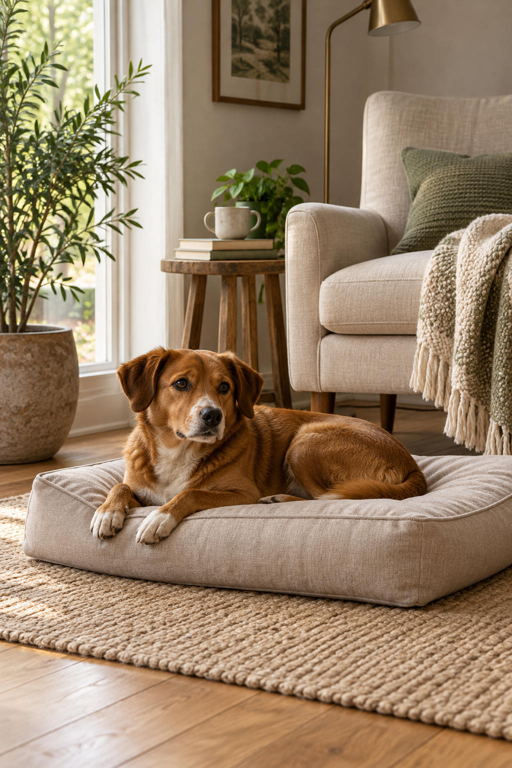 AI-generated concept image of a dog resting on a pet bed at home