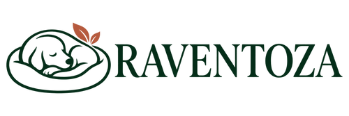 Raventoza logo with a sleeping dog in an oval bed and forest-green wordmark.