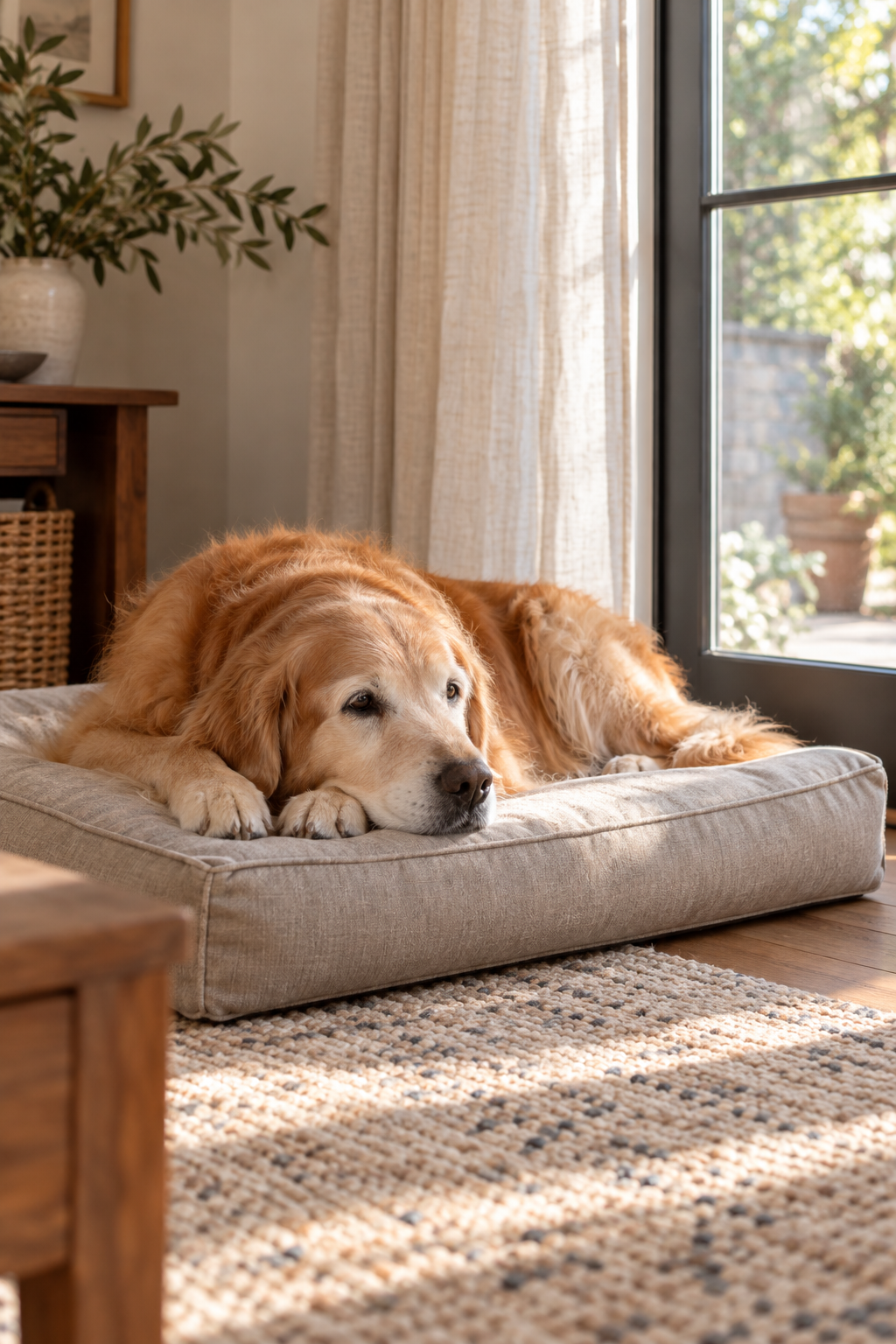 AI-generated concept image of a dog resting on a pet bed at home