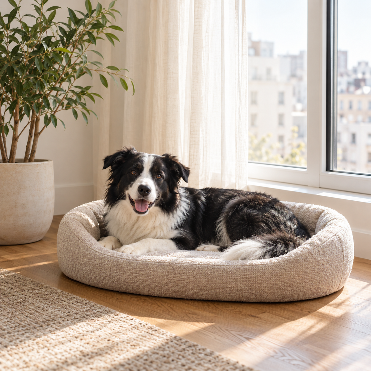 AI-generated concept image of a dog resting on a pet bed at home