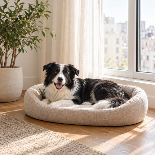 AI-generated concept image of a dog resting on a pet bed at home